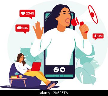 Blogger with loudspeakers announcing news, attracting target audience. Marketing, promotion, communication concept. Vector illustration. Flat. Stock Vector