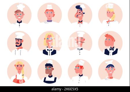 Cooking staff people avatars isolated set. Chef in caps, waitresses and waiters work in restaurant kitchen. Diverse male and female mascots. Vector Stock Vector