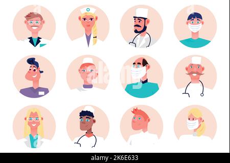 Medical staff people avatars isolated set. Portraits of female and male mascots working as doctors, nurses, surgeons and other practitioners. Vector Stock Vector