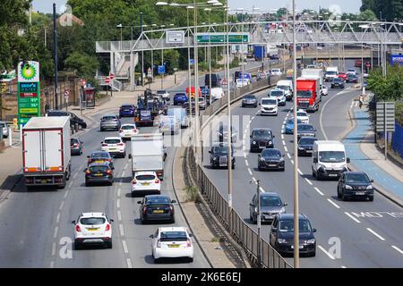 Traffic on A13 Alfreds Way road flyover, London England United Kingdom ...