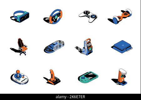 Game devices 3d isometric icons set. Pack elements of vr glasses, steering wheel, joystick, gamer chair, slot machine, controller, console and other Stock Vector