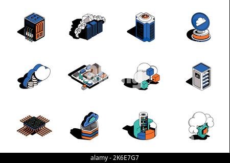 Cloud technology 3d isometric icons set. Pack elements of racks, computer, microchip, network, data computing, information, server hardware and other Stock Vector