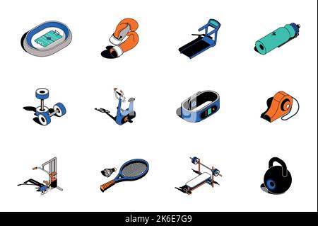 Sports 3d isometric icons set. Pack elements of stadium, boxing gloves, treadmill, bottle water, dumbbells, exercise machine, gym equipment and other Stock Vector