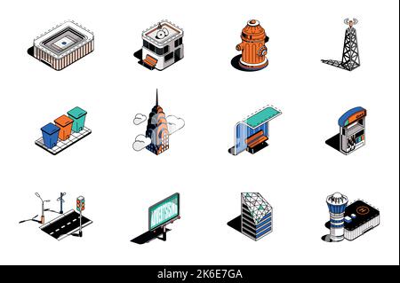 City infrastructure and buildings 3d isometric icons set. Pack elements of stadium, hydrant, towers, trash bins, gas station, road, billboard and Stock Vector