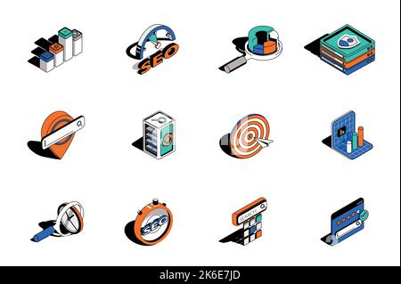 Seo analysis and optimization 3d isometric icons set. Pack elements of network, target, traffic, rating, keyword ranking, marketing research and other Stock Vector