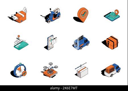 Delivery service 3d isometric icons set. Pack elements of parcel fast, shipping, online tracking, credit card, truck, transport, flying drone and Stock Vector