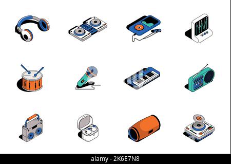 Music 3d isometric icons set. Pack elements of headphones, dj player, equalizer, drum, microphone, piano, radio, earphones, musical speaker and other Stock Vector