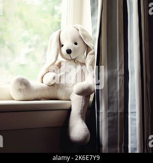 A soft white and cream stuffed animal rabbit keeps watch sitting in the window with outside light Stock Photo