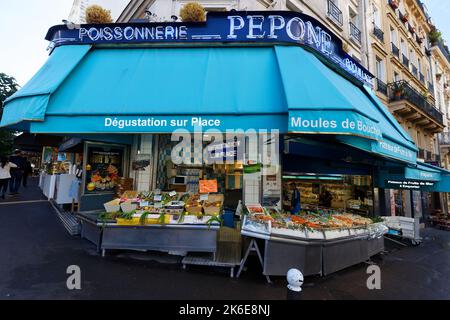 Pepone Poissonerie is historic fresh fish shop located on rue Lepic, Montmartre, Paris Stock Photo