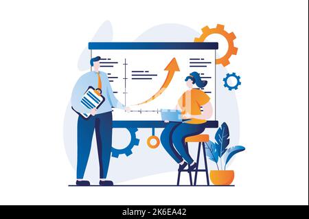 Business making concept with people scene in flat cartoon design. Man and woman analyzing data and statistics, discussing strategy for investing in Stock Vector