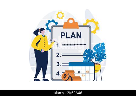 Business making concept with people scene in flat cartoon design. Businesswoman creates plan for organizing business processes and invests in new Stock Vector
