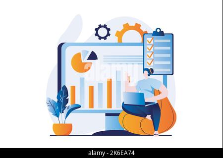 Data analysis concept with people scene in flat cartoon design. Woman analyzes statistics on dashboard with charts and graphs, monitoring and Stock Vector