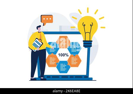Data analysis concept with people scene in flat cartoon design. Man generates ideas for presentation at conference and working with statistics and Stock Vector