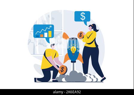 Business making concept with people scene in flat cartoon design. Businesswoman and businessman invest money in startup and launch project on market Stock Vector
