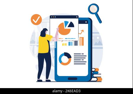 Data science concept with people scene in flat cartoon design. Woman analyzing diagrams with different trends and making financial report using mobile Stock Vector