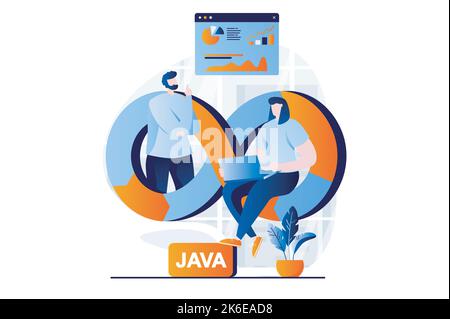 DevOps concept with people scene in flat cartoon design. Man and woman monitoring, administer and optimize effective programming work processes in IT Stock Vector