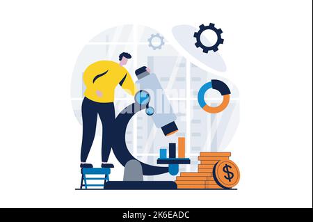 Data science concept with people scene in flat cartoon design. Scientist looking through microscope, studying data and working with statistics in Stock Vector