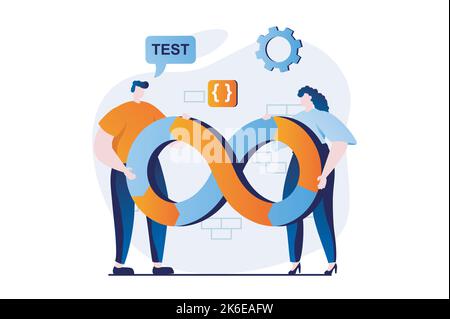 DevOps concept with people scene in flat cartoon design. Man and woman working together, administer and optimize effective programming work in IT Stock Vector