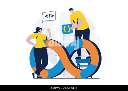 DevOps concept with people scene in flat cartoon design. Man and woman coding and programming software, manager optimize effective work process in Stock Vector