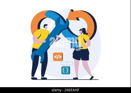 DevOps concept with people scene in flat cartoon design. Woman and man working in programming apps and collaboration at development processes on Stock Vector