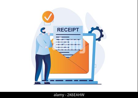 Electronic receipt concept with people scene in flat cartoon design. Man receives email with online payment form and pay invoice. Banking and money Stock Vector