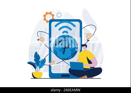 Email service concept with people scene in flat cartoon design. Man sends and receives letters with contacts, conducts online correspondence on mobile Stock Vector