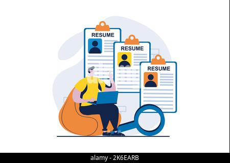 Employee hiring process concept with people scene in flat cartoon design. Man looks to best resumes and selects staff. Human resources and recruitment Stock Vector