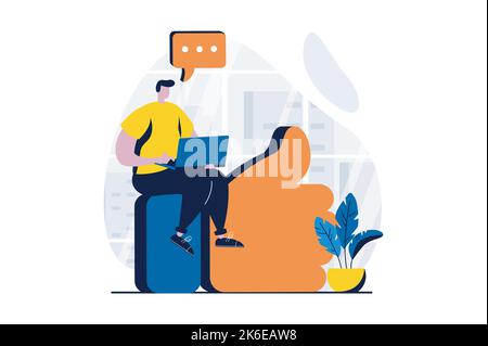 Feedback page concept with people scene in flat cartoon design. Man leaves like and comment with his experience and recommendations. Customer Stock Vector