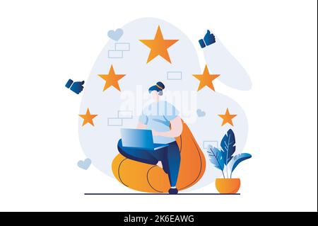 Feedback page concept with people scene in flat cartoon design. Woman leaving likes and stars with reviews with her experience. Customer satisfaction Stock Vector
