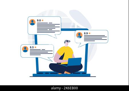 Feedback page concept with people scene in flat cartoon design. Man clients reads user comments and writes his review in online form. Customer Stock Vector
