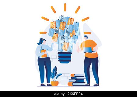 Finding solution concept with people scene in flat cartoon design. Man and woman discussing work tasks, brainstorming, creativity and idea generation Stock Vector