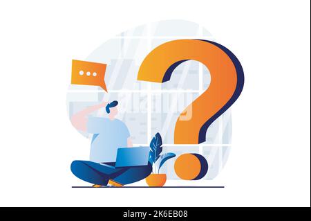 Finding solution concept with people scene in flat cartoon design. Man thinks and looks for answer to question, brainstorming, creativity and idea Stock Vector