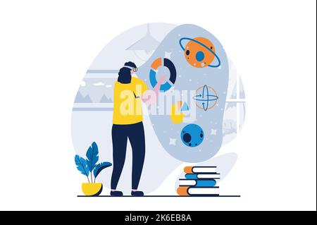 Metaverse concept with people scene in flat cartoon design. Woman in VR headset interacts in virtual simulation with planets, touching diagram and Stock Vector