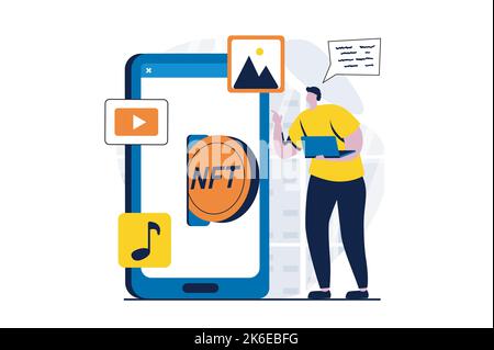 NFT token concept with people scene in flat cartoon design. Man buys various paintings, videos and music on online marketplaces and invests Stock Vector