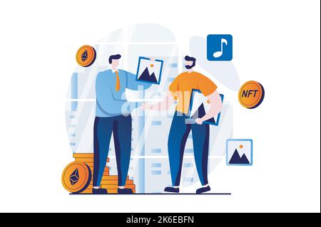 NFT token concept with people scene in flat cartoon design. Seller offers digital paintings at online auction and man buys art for private virtual Stock Vector