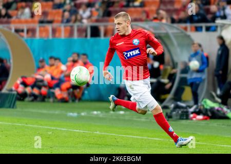 Bucharest, Romania. 14th Oct, 2022. October 14, 2022: Sebastian Jorgensen #27 of Silkeborg IF during of the UEFA Europa Conference League group B match between FCSB Bucharest and Silkeborg IF at National Arena Stadium in Bucharest, Romania ROU. Catalin Soare/Cronos Credit: Cronos/Alamy Live News Stock Photo