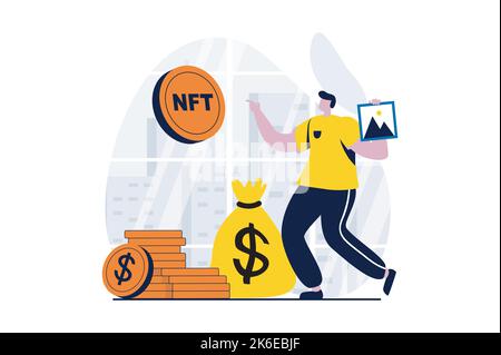 NFT token concept with people scene in flat cartoon design. Man earns money and cryptocurrency by selling digital paintings with NFT tokens on Stock Vector