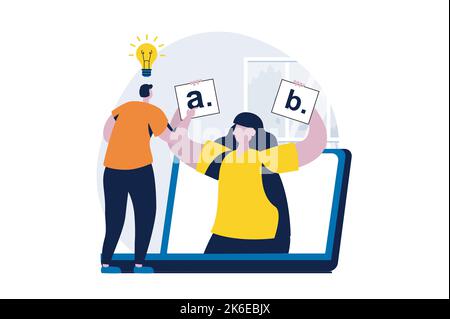 Online survey concept with people scene in flat cartoon design. Man takes online exam or sociological quiz and answers choosing from different options Stock Vector