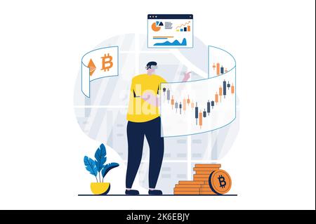 Metaverse concept with people scene in flat cartoon design. Man in VR headset interacts in virtual simulation with dashboards with cryptocurrency Stock Vector