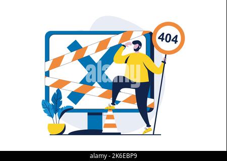 Page not found concept with people scene in flat cartoon design. Man works in technical support for websites and repairing and fixing problems and 404 Stock Vector