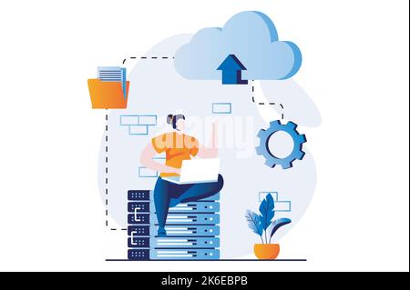 SaaS concept with people scene in flat cartoon design. Woman exchanges files and information and computing using cloud technology. Software as a Stock Vector