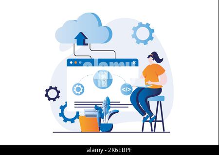 SaaS concept with people scene in flat cartoon design. Woman works on laptop, programming, computing processes using cloud technology. Software as a Stock Vector