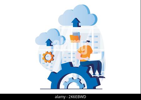 SaaS concept with people scene in flat cartoon design. Man uploading files and computing using cloud technology, programming at laptop. Software as a Stock Vector