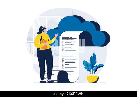 Online survey concept with people scene in flat cartoon design. Woman receives questionnaire paper form for filling and votes by choosing right Stock Vector
