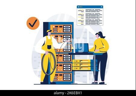 Server maintenance concept with people scene in flat cartoon design. Woman and man technicians team working in server rack hardware room and fixing Stock Vector