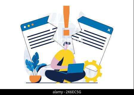 Page not found concept with people scene in flat cartoon design. Man working online on laptop and getting websites crash and access errors on browser Stock Vector