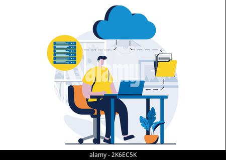 Server maintenance concept with people scene in flat cartoon design. Man making settings and optimization connection of internet provider and fixing Stock Vector