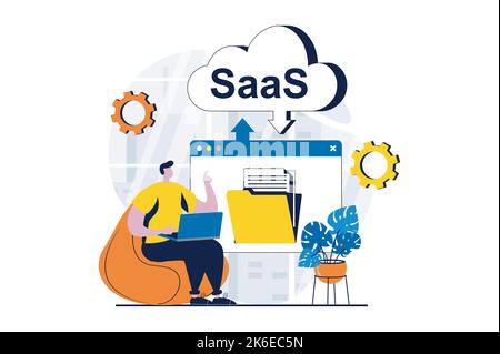 SaaS concept with people scene in flat cartoon design. Man working with uploading and downloading files, subscription at programs. Software as a Stock Vector