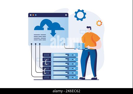 SaaS concept with people scene in flat cartoon design. Man computing using cloud technology, programming and working with hosting. Software as a Stock Vector