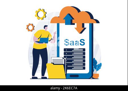 SaaS concept with people scene in flat cartoon design. Man working with uploading and downloading files at online mobile application. Software as a Stock Vector